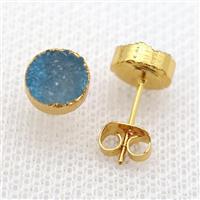 blue druzy agate earring studs, gold plated, approx 8mm dia [GMER633]