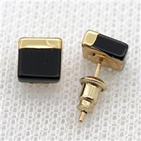 black Onyx Agate Stud Earrings, square, gold plated, approx 7mm [GMER669]