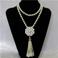 white Pearlized Glass Necklace with copper pendant pave zircon, round, approx 8mm, 42mm, 74cm length [GMLB4326]