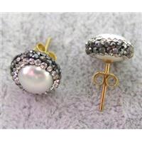 white pearl earring studs paved rhinestone, approx 10-14mm [GMPDA4656]