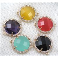 crystal glass flat-round connector paved zircon, mix color, gold plated, approx 18mm dia [GMPDA6853]