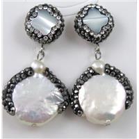 white pearl earring paved rhinestone with sterling silver stud, approx 14mm, 22mm dia [GMPDA6947]