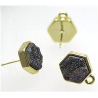 rainbow druzy quartz earring studs, hexagon, gold plated, approx 10x10mm [GMPDA8777]