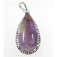 purple Amethyst teardrop pendant, copper, platinum plated, approx 15x30mm [GMPDA9233]