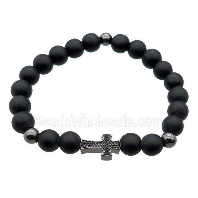 black matte Onyx Agate Bracelet with cross, stretchy