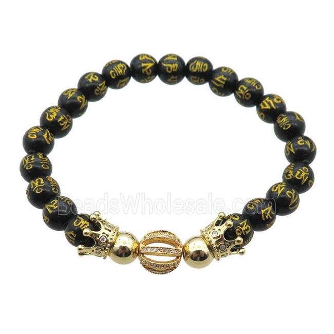black Onyx Agate Bracelet with sutra, crown, stretchy