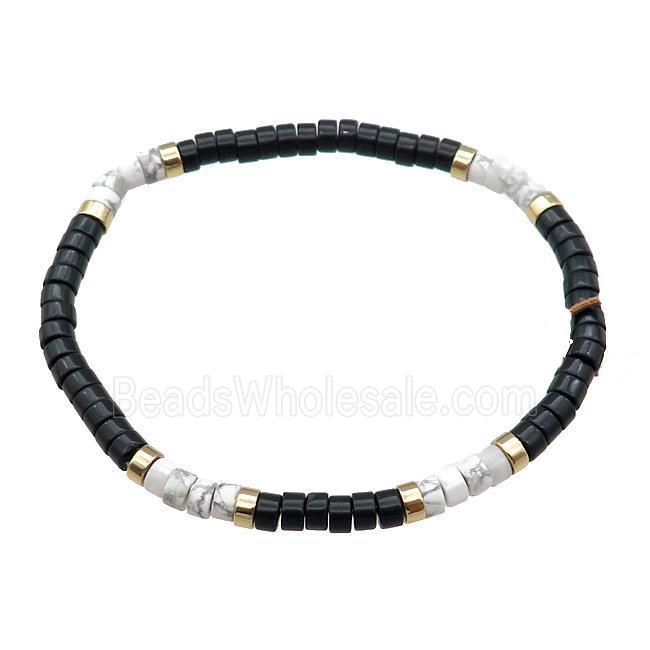 White Howlite Bracelet Stretchy Black Obsidian