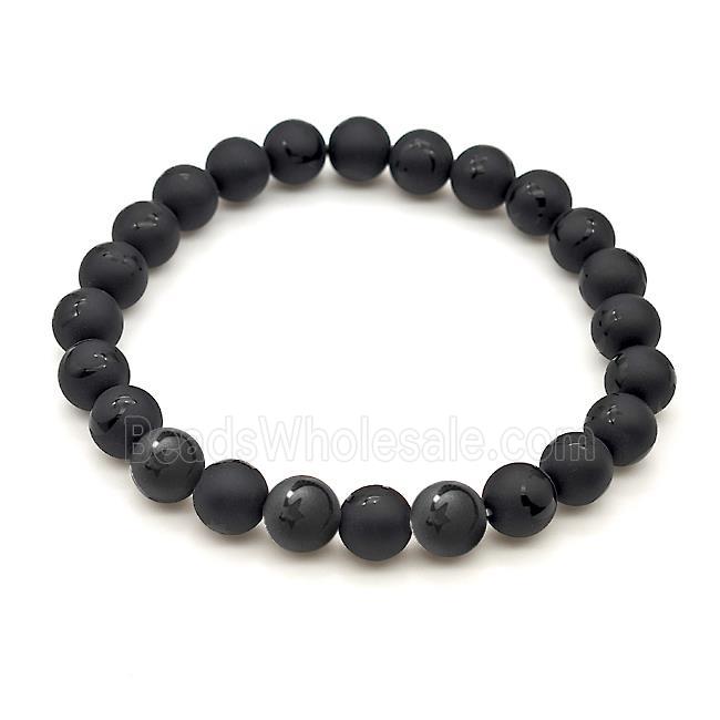 Natural Black Onyx Agate Bracelet Smooth Round Moon Star Stretchy