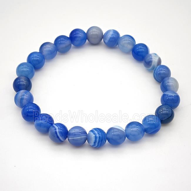 Natural Stripe Agate Bracelet Blue Dye Smooth Round Stretchy