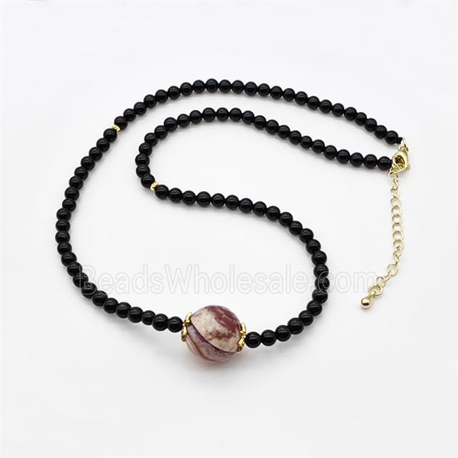 Black Onyx Agate Necklace Smooth Round