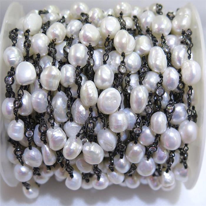 white Pearl chain with zircon, black plated