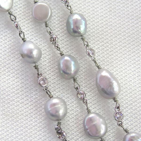 gray Pearl chain with zircon, platinum plated