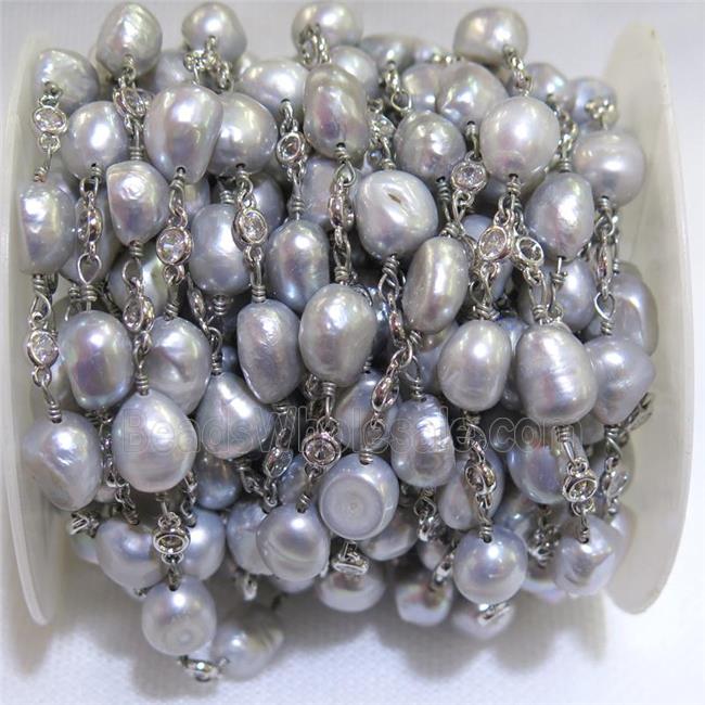 gray Pearl chain with zircon, platinum plated