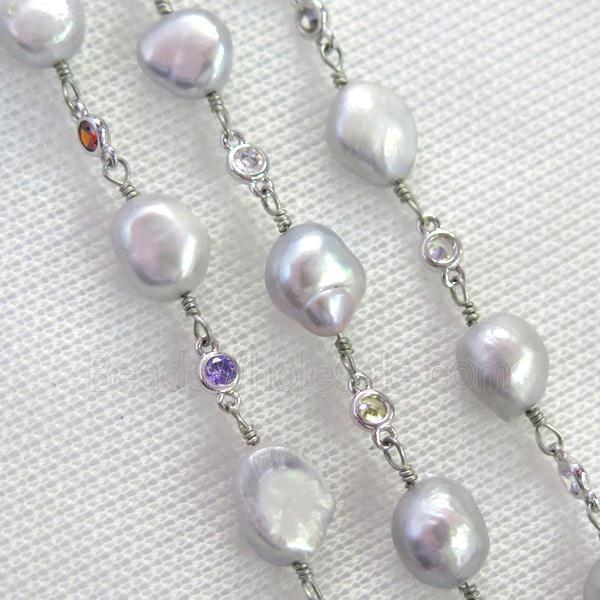 gray Pearl chain with zircon, platinum plated