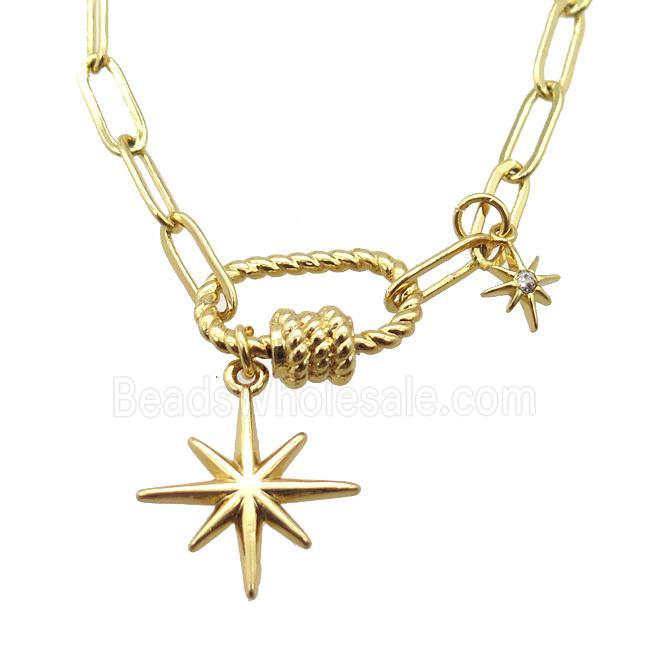 copper necklace with carabiner lock, northstar, gold plated