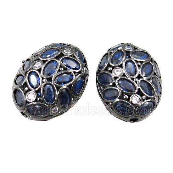 copper oval beads pave blue zircon, hollow, black plated