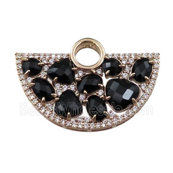 copper fan hollow pendant paved zircon with black crystal glass, gold plated