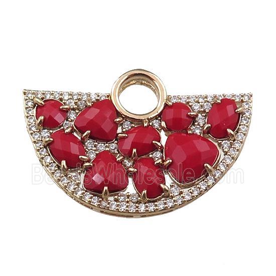 copper fan hollow pendant paved zircon with red crystal glass, gold plated