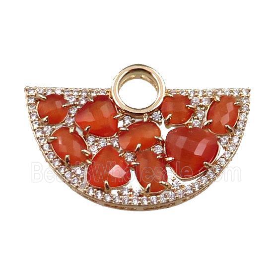 copper fan hollow pendant paved zircon with orange crystal glass, gold plated