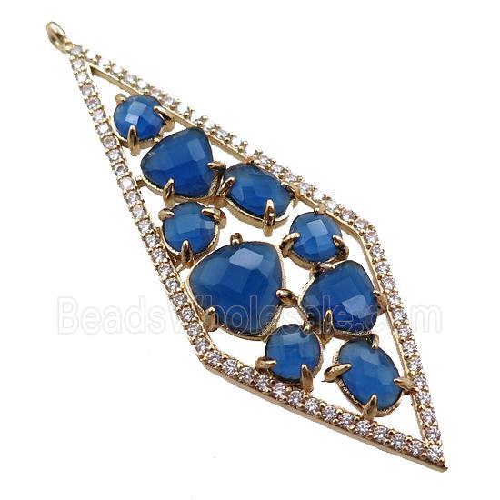 copper polygon pendant paved zircon with royalblue crystal glass, hollow, gold plated