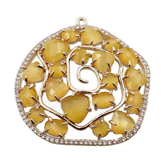 copper flower pendant paved zircon with yellow crystal glass, hollow, gold plated