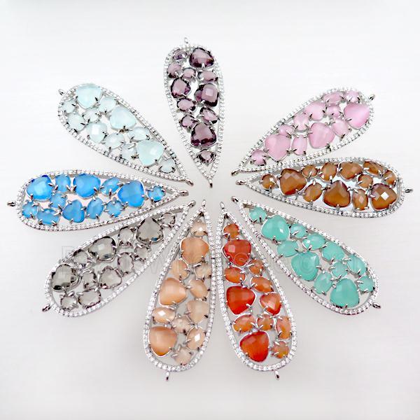 copper teardrop connector paved zircon with crystal glass, hollow, mixed, platinum plated