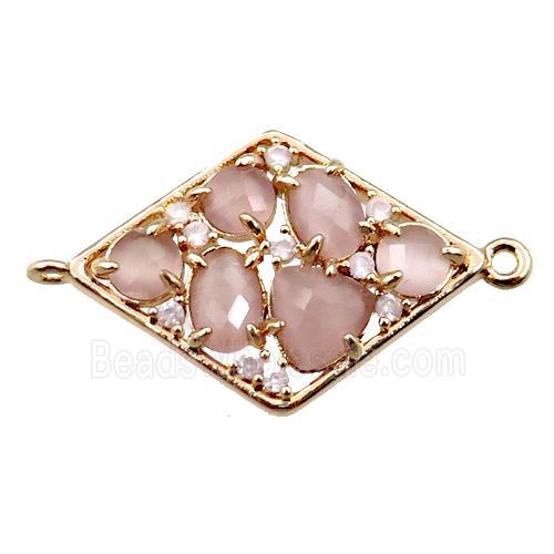 copper polygon connector paved zircon with pink crystal glass, hollow, gold plated