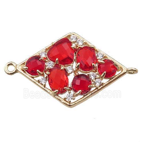 copper polygon connector paved zircon with red crystal glass, hollow, gold plated