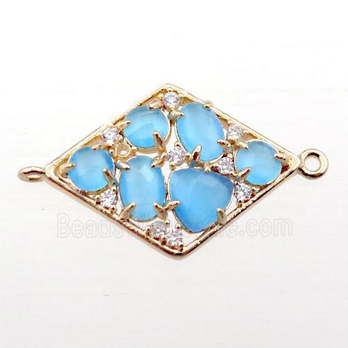 copper polygon connector paved zircon with blue crystal glass, hollow, gold plated