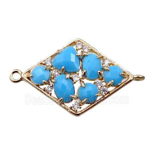 copper polygon connector paved zircon with blue crystal glass, hollow, gold plated