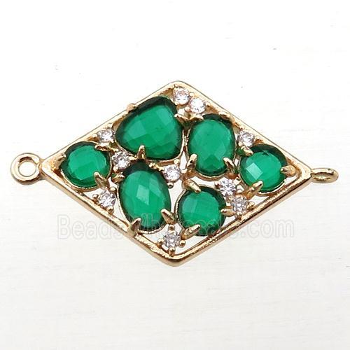 copper polygon connector paved zircon with green crystal glass, hollow, gold plated