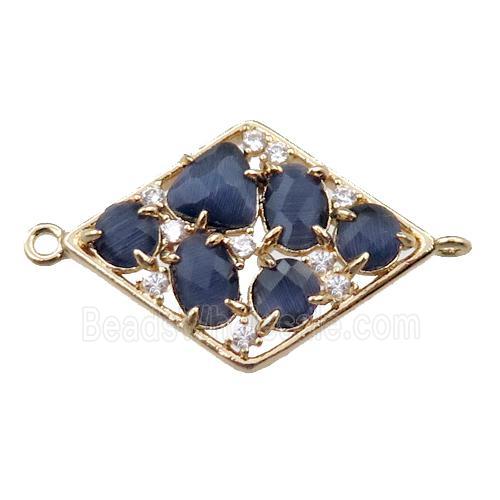copper polygon connector paved zircon with inkblue crystal glass, hollow, gold plated