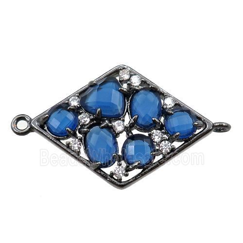 copper polygon connector paved zircon with blue crystal glass, hollow, black plated