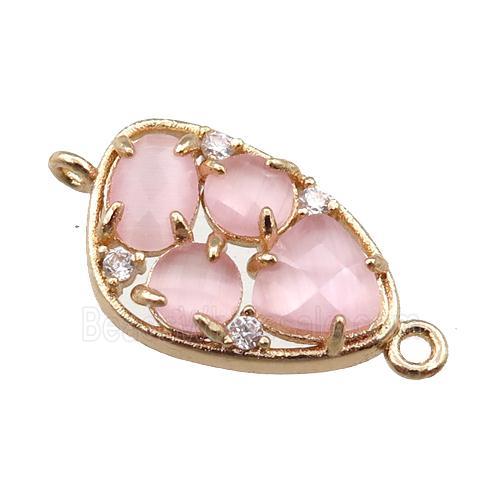 copper teardrop connector paved zircon with pink crystal glass, hollow, gold plated
