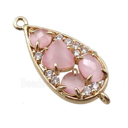 copper teardrop connector paved zircon with pink crystal glass, hollow, gold plated