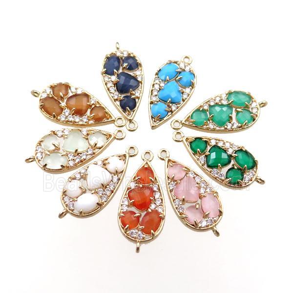 copper teardrop connector paved zircon with crystal glass, mixed, hollow, gold plated