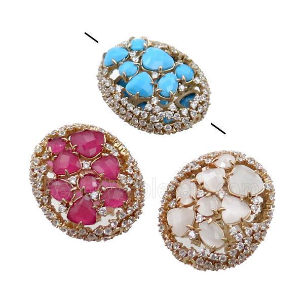 copper oval beads paved zircon with crystal glass, mix, hollow, gold plated