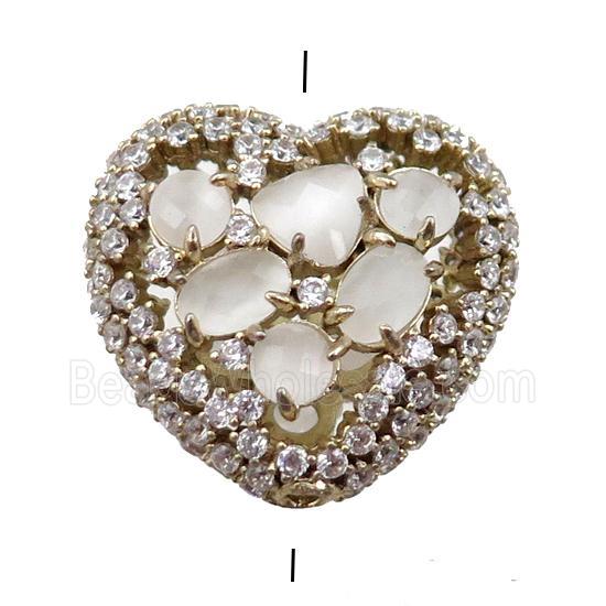 copper heart beads paved zircon with white crystal glass, hollow, gold plated