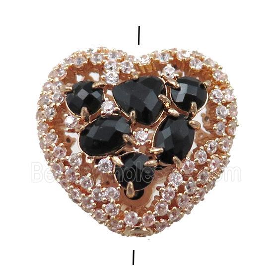 copper heart beads paved zircon with black crystal glass, hollow, gold plated