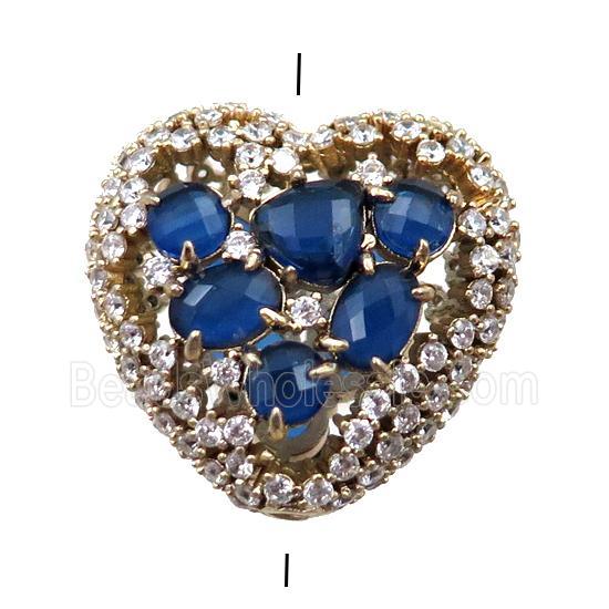 copper heart beads paved zircon with blue crystal glass, hollow, gold plated