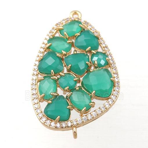 copper teardrop connector paved zircon with green crystal glass, hollow, gold plated
