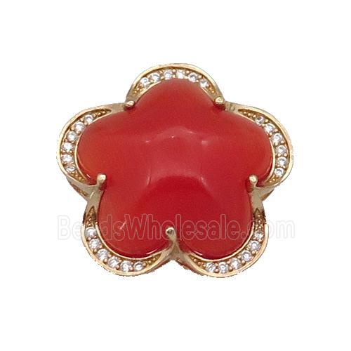 copper Flower pendant paved red Cat Eye Crystal, gold plated
