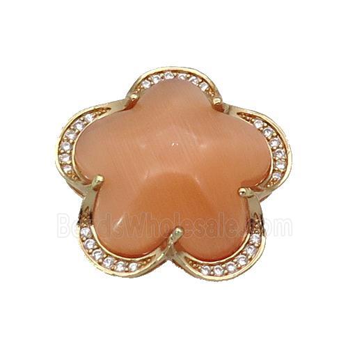 copper Flower pendant paved peach Cat Eye Crystal, gold plated