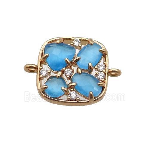copper square connector pave blue Cat Eye Crystal, gold plated