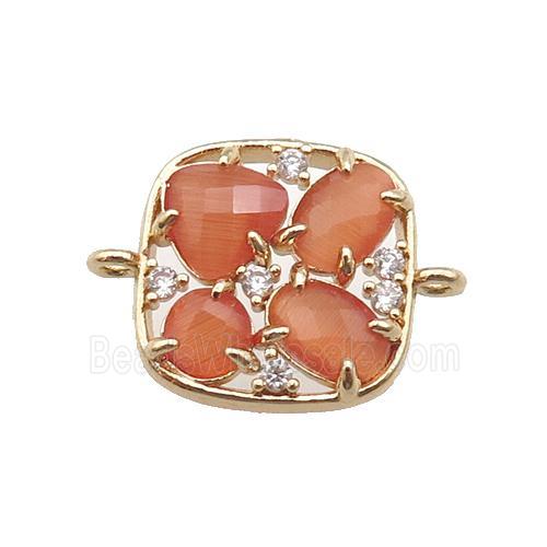 copper square connector pave peach Cat Eye Crystal, gold plated