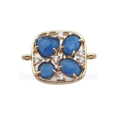copper square connector pave blue Cat Eye Crystal, gold plated