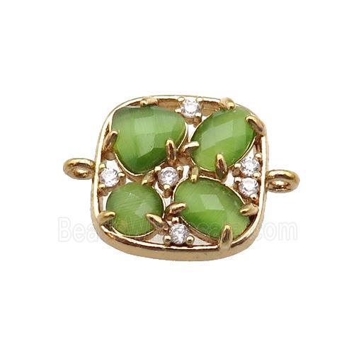 copper square connector pave olive Cat Eye Crystal, gold plated