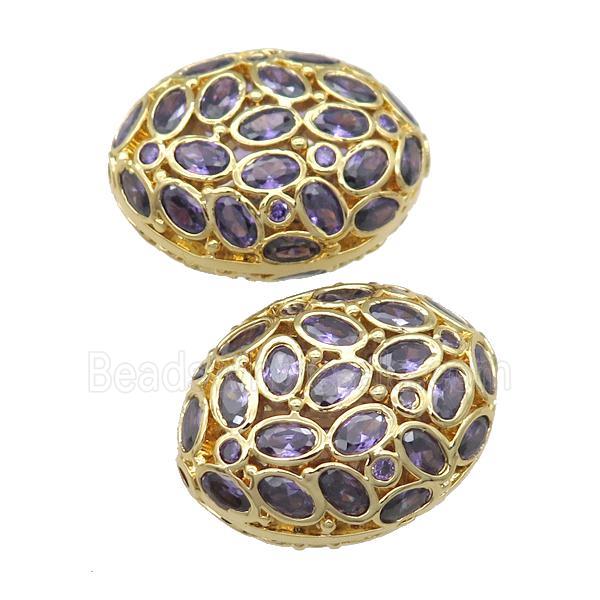 copper oval beads pave purple zircon, gold plated