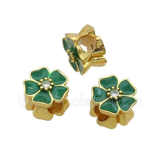 Copper Flower Beads Green Enamel Large Hole Gold Plated