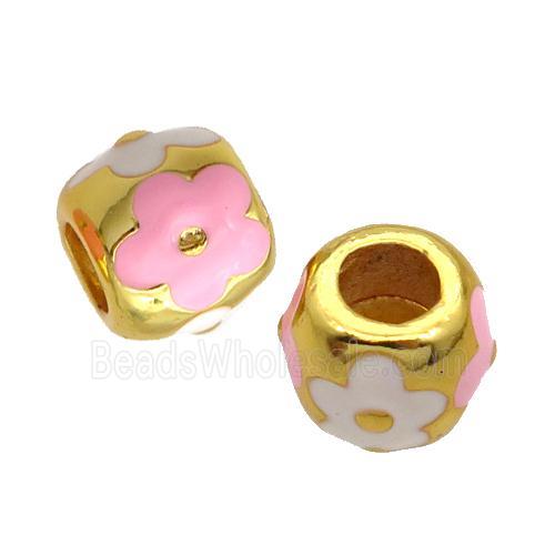 Copper Barrel Beads Pink White Enamel Large Hole Gold Plated